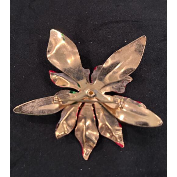 Vintage Red & Green Enamel Poinsettia Christmas Brooch – Holiday Flower Pin CP68 - Picture 3 of 3
